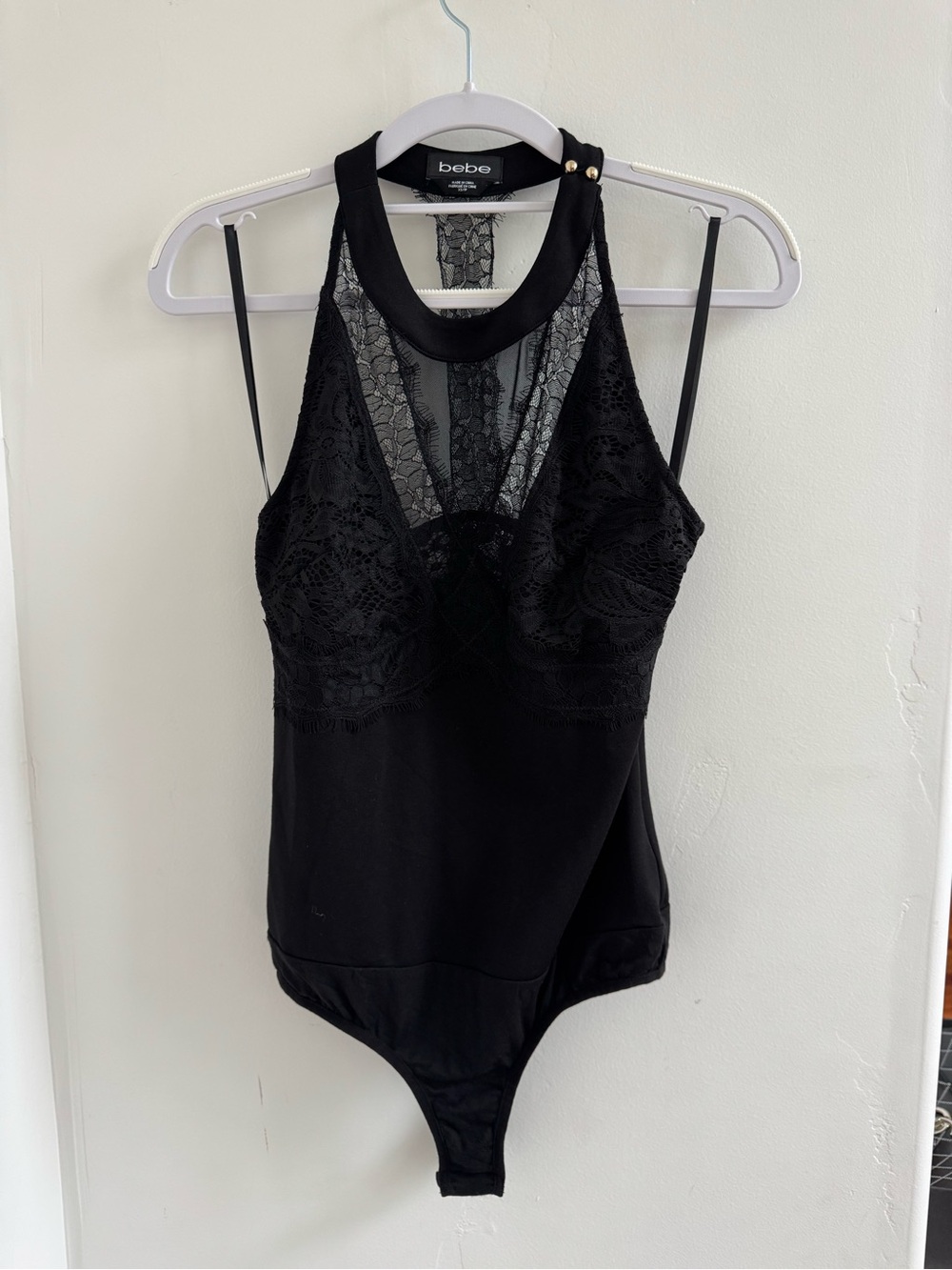 bebe Black Lace Halter Bodysuit with Mesh Panel